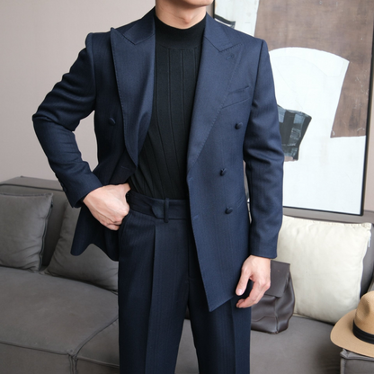 Double-Breasted Suit with Fabric Buttons and Peak Lapel
