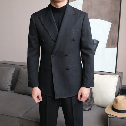 Double-Breasted Suit with Fabric Buttons and Peak Lapel