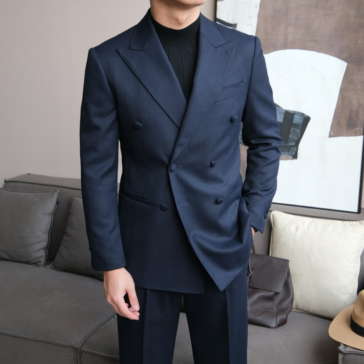 Double-Breasted Suit with Fabric Buttons and Peak Lapel