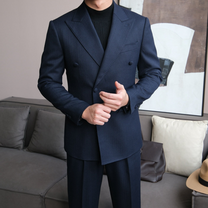 Double-Breasted Suit with Fabric Buttons and Peak Lapel