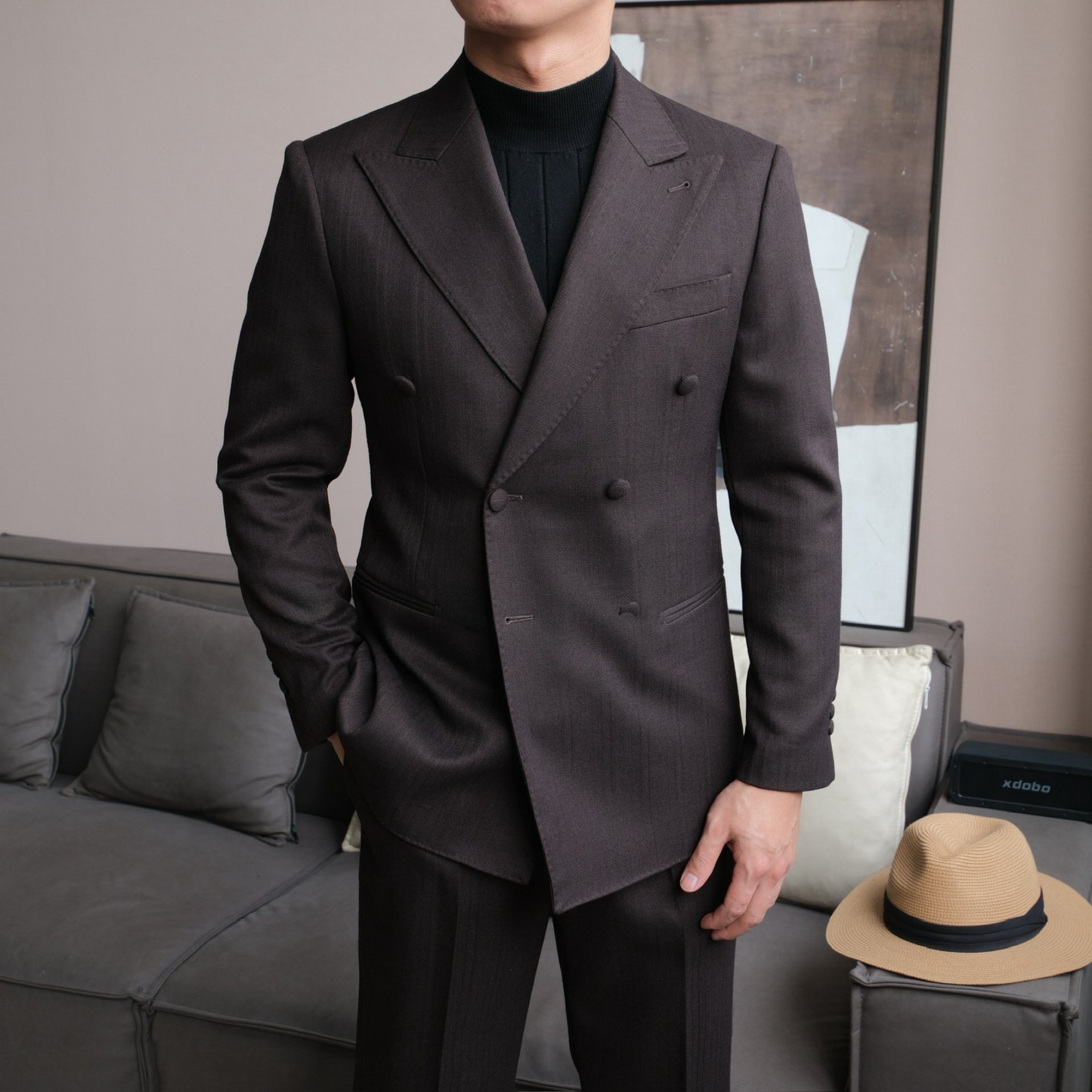Double-Breasted Suit with Fabric Buttons and Peak Lapel