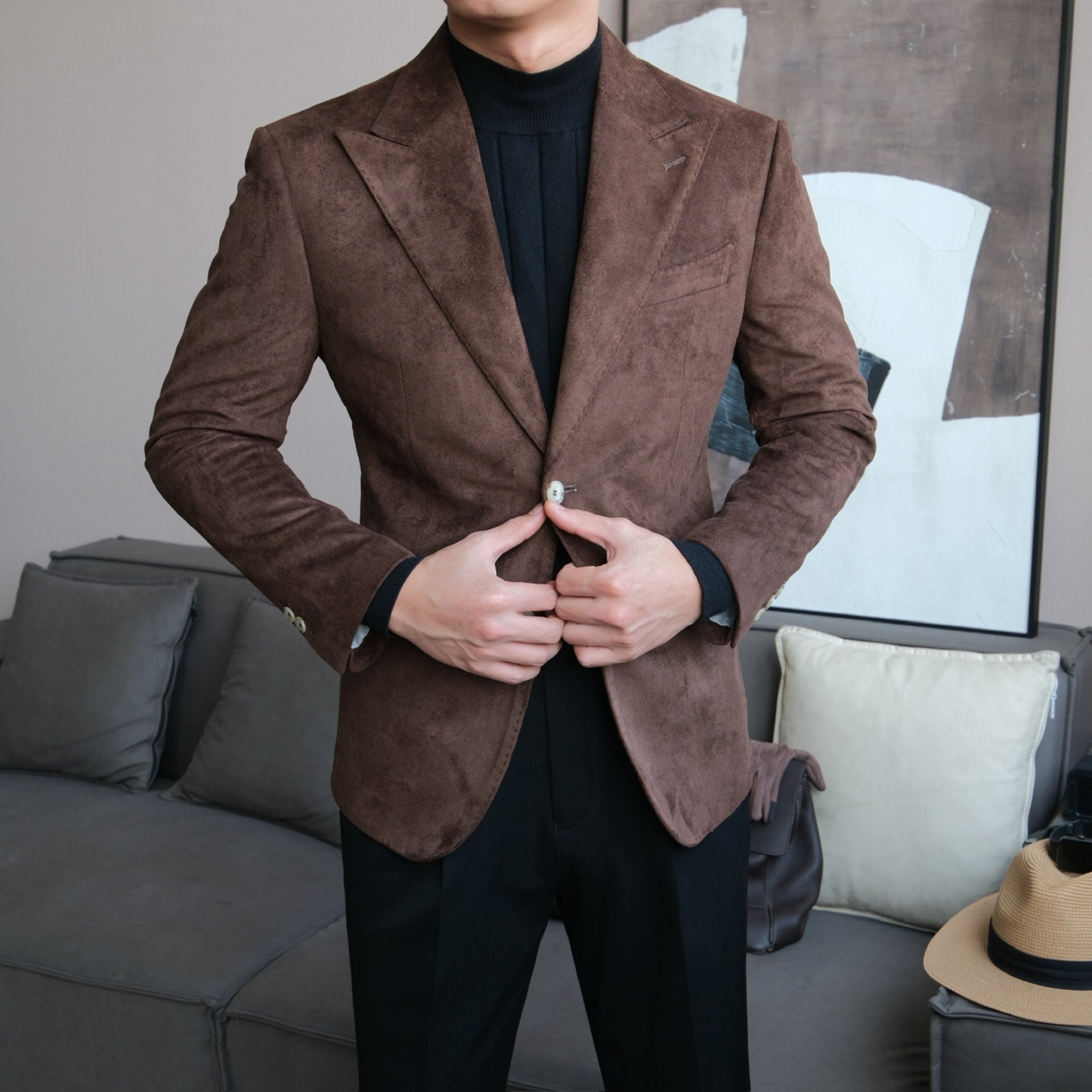 Men’s Slim Fit Suede Blazer with Peak Lapel