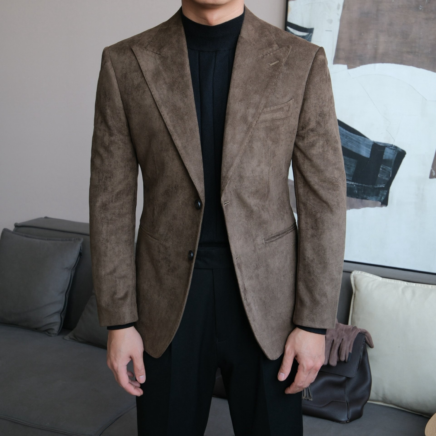Men’s Slim Fit Suede Blazer with Peak Lapel