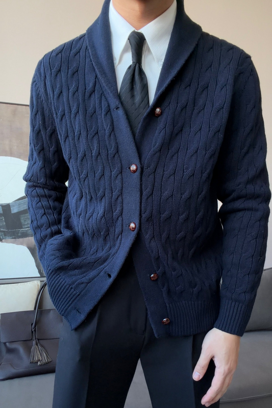 Men’s Cotton Shawl Collar Cable Knit Cardigan