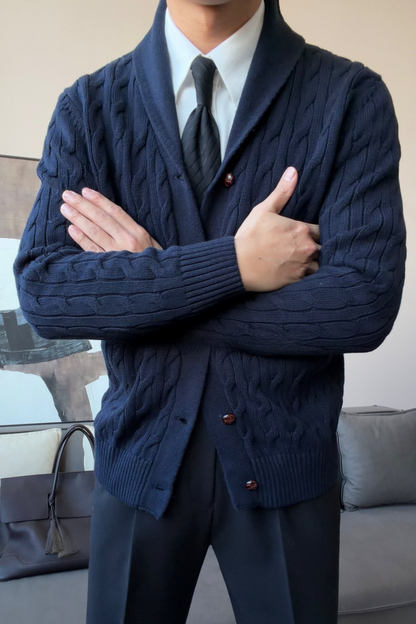 Men’s Cotton Shawl Collar Cable Knit Cardigan