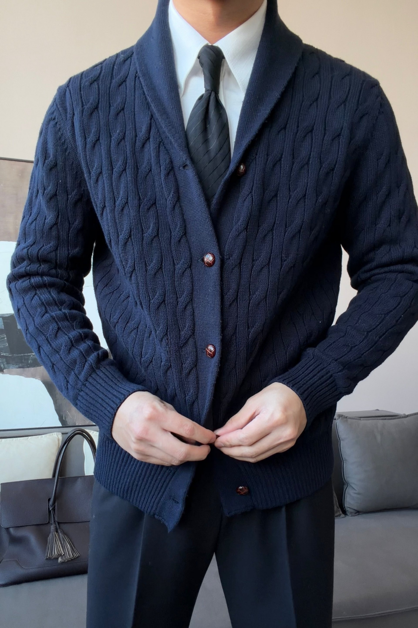 Men’s Cotton Shawl Collar Cable Knit Cardigan