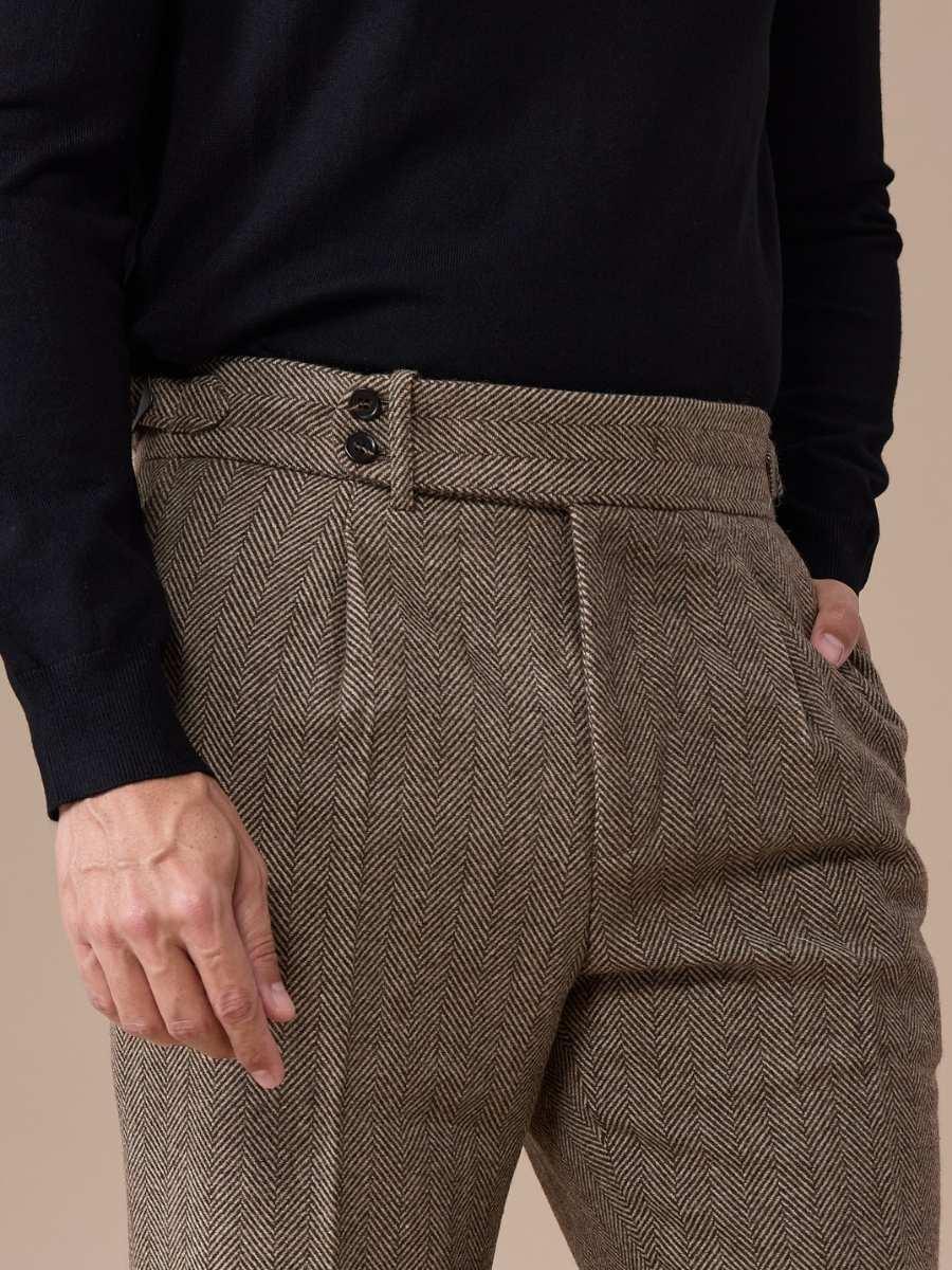 Men's Herringbone Wool Pleated Pants - BRABION