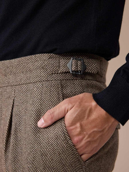 Men's Herringbone Wool Pleated Pants - BRABION