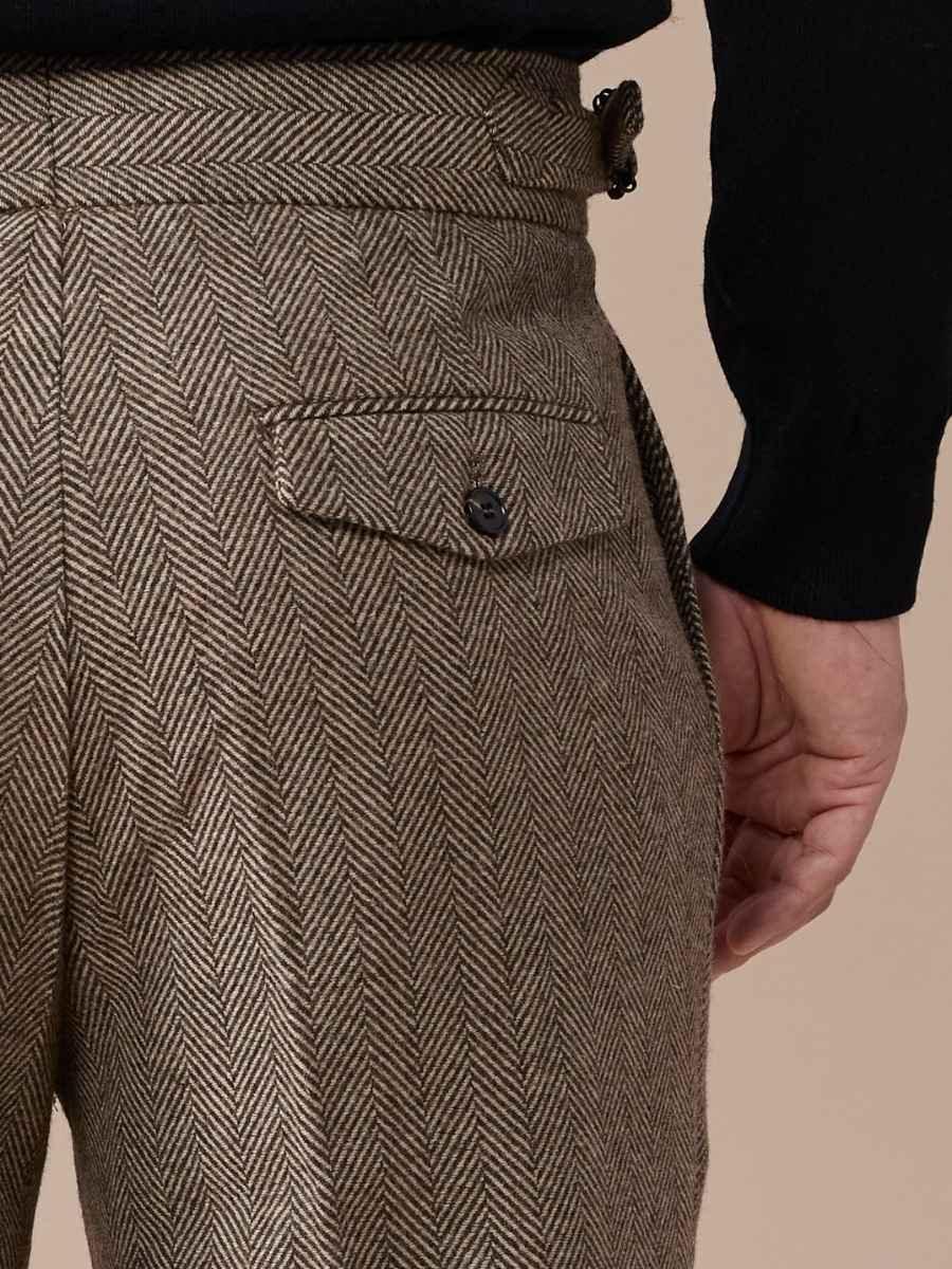 Men's Herringbone Wool Pleated Pants - BRABION