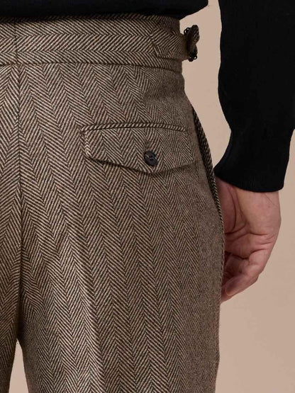 Men's Herringbone Wool Pleated Pants - BRABION