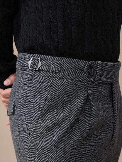 Men's Herringbone Wool Pleated Pants - BRABION