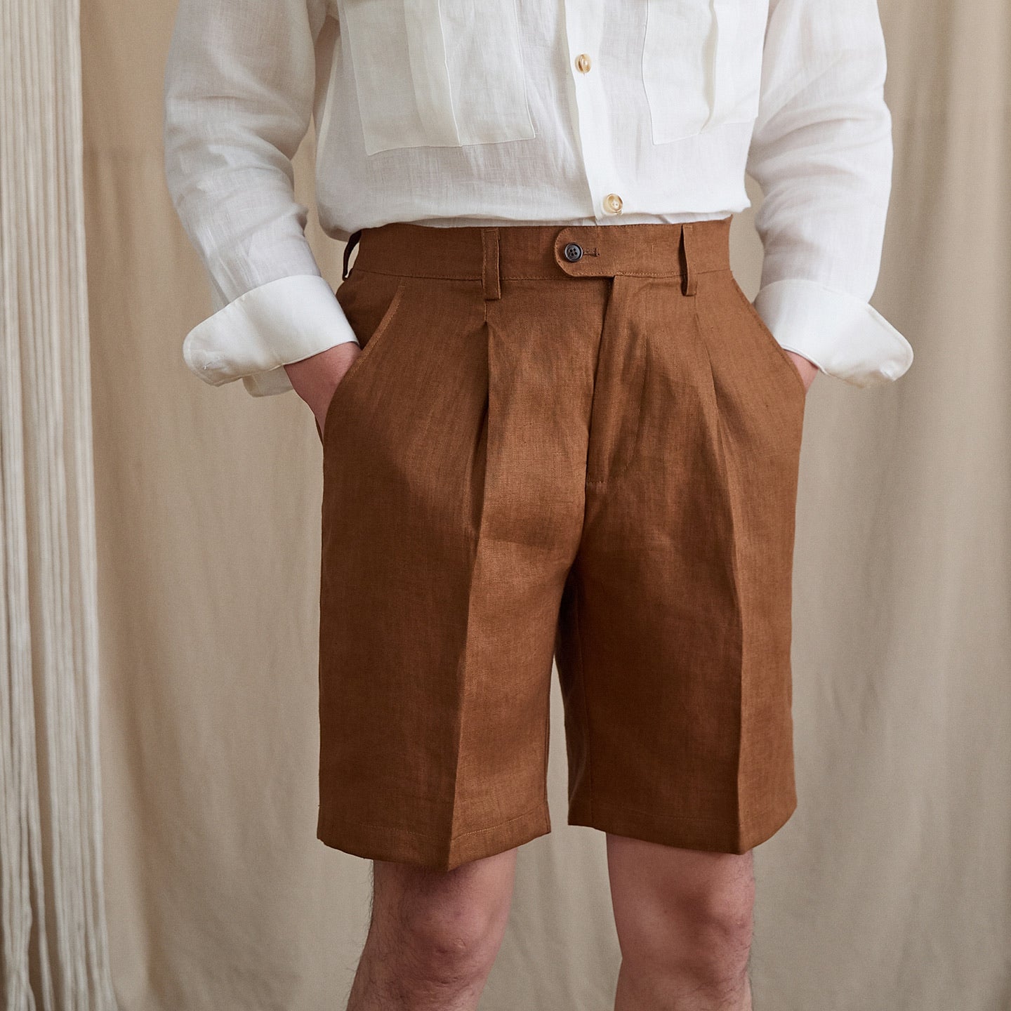 High-Waist Pleated Linen Shorts