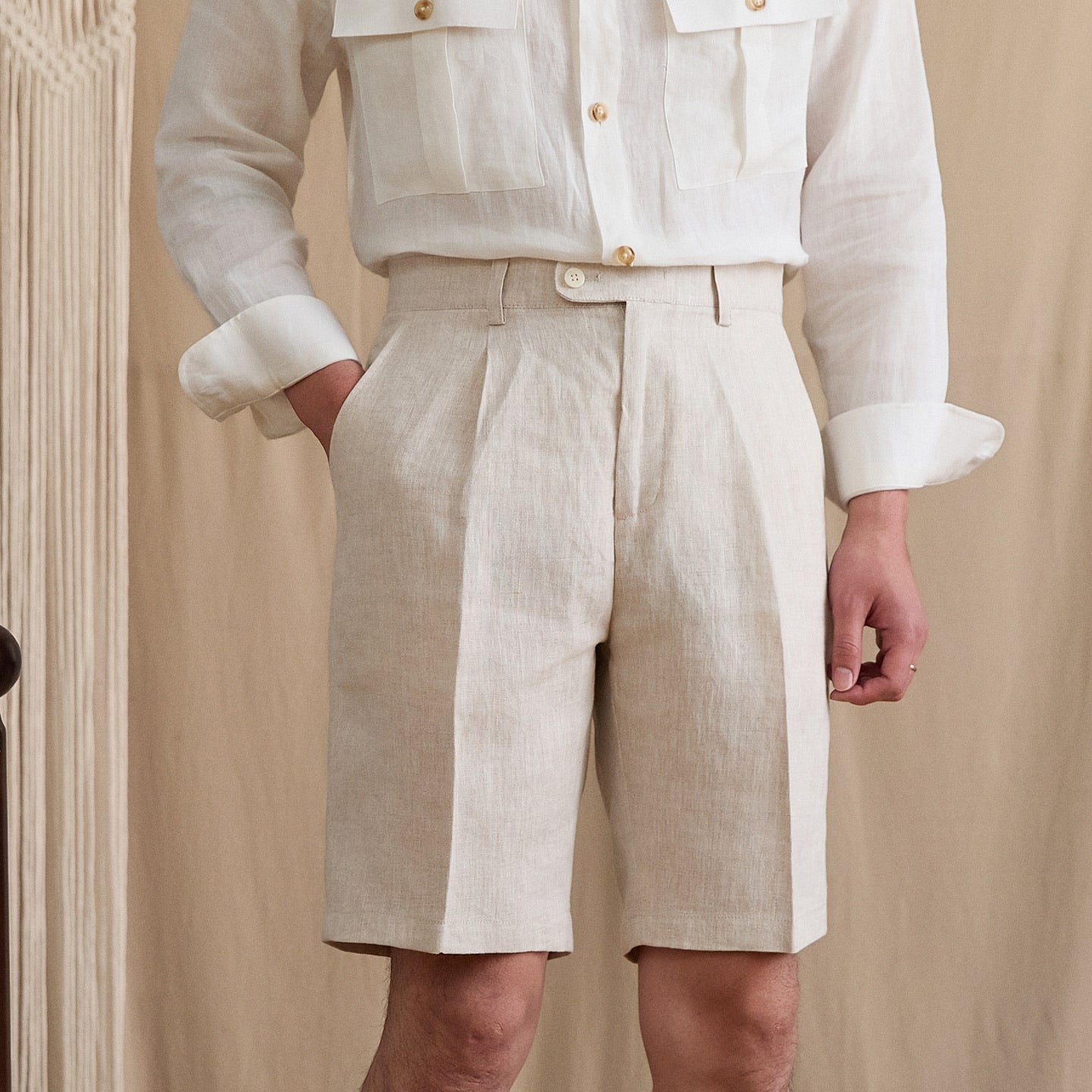 High-Waist Pleated Linen Shorts
