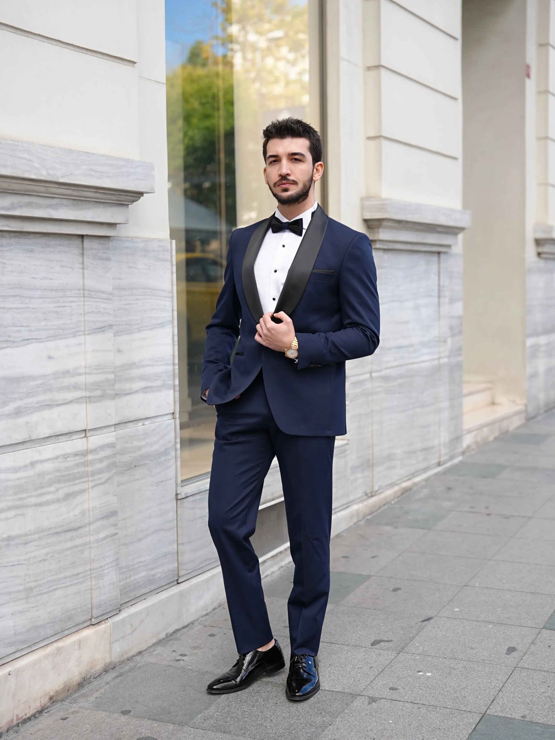 navy blue dress with gray tux Prom dress and suit matching