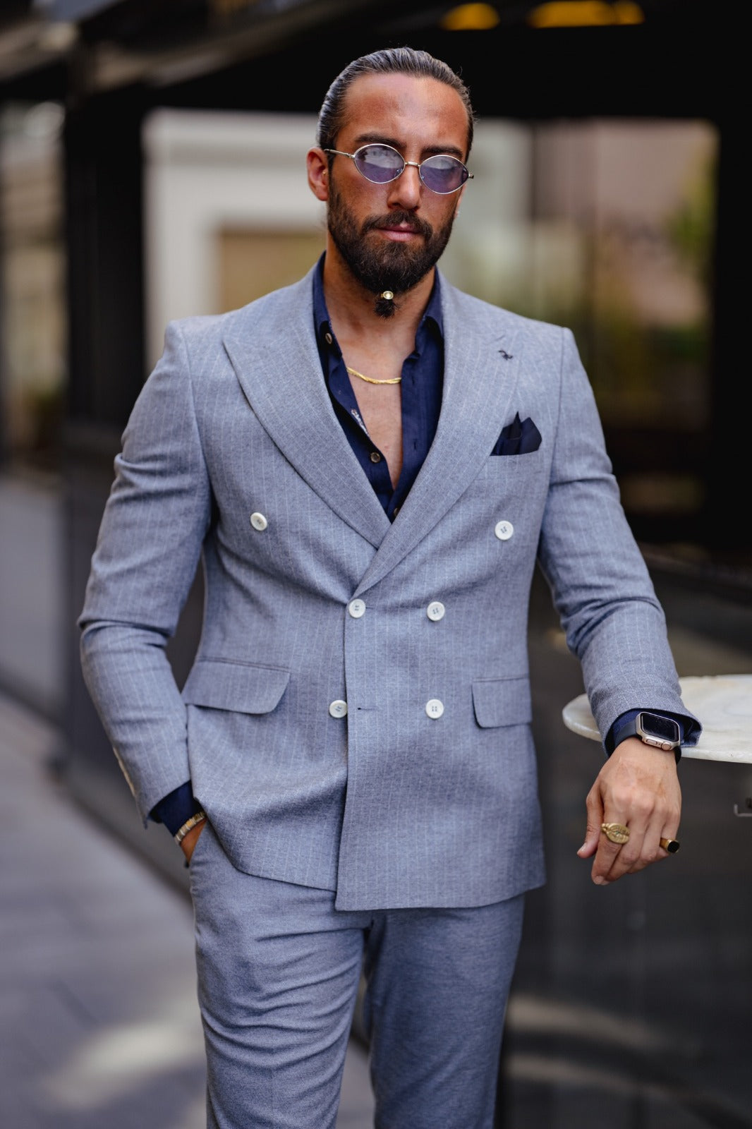 Vespo Pinstriped Navy-Blue Double Breasted Suit – BRABION