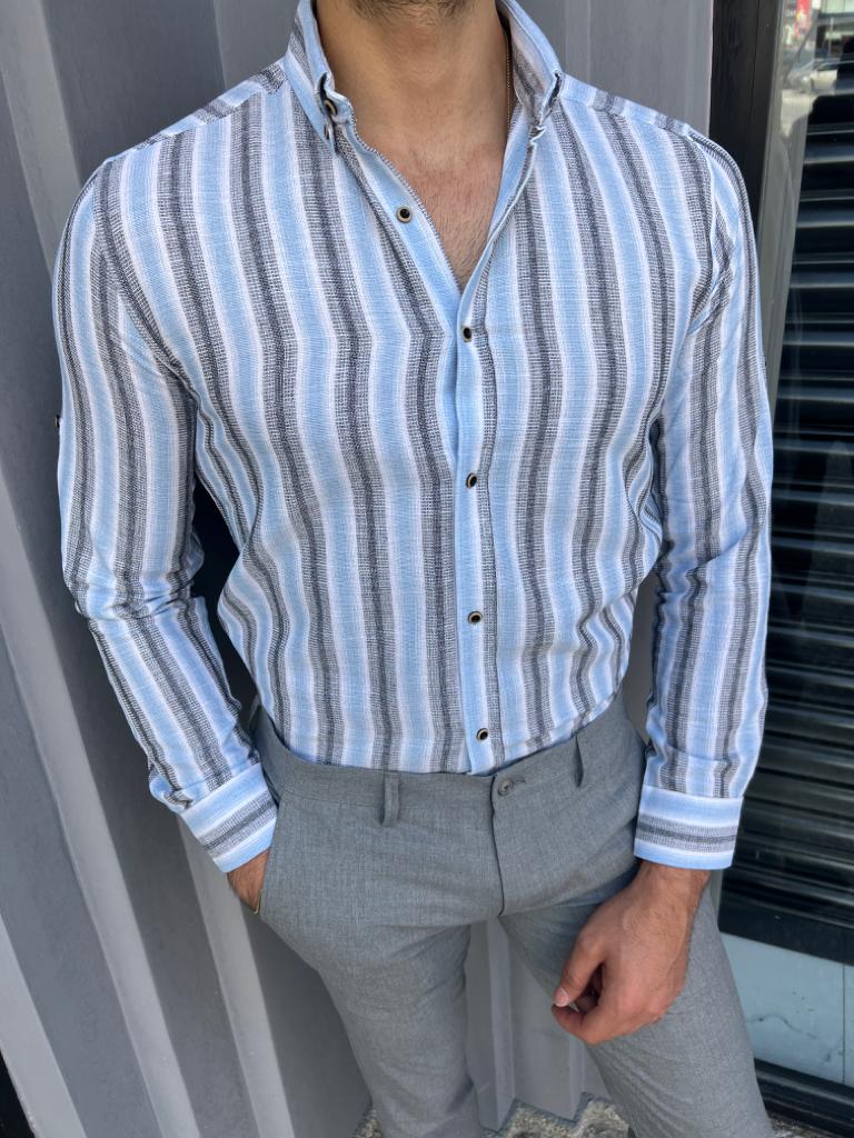 Brabion Lyon Blue Slim Fit Long Sleeve Striped Cotton Shirt