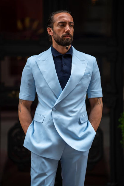 Evo Sky Blue Slim Fit Double Breasted Short Sleeve Suit
