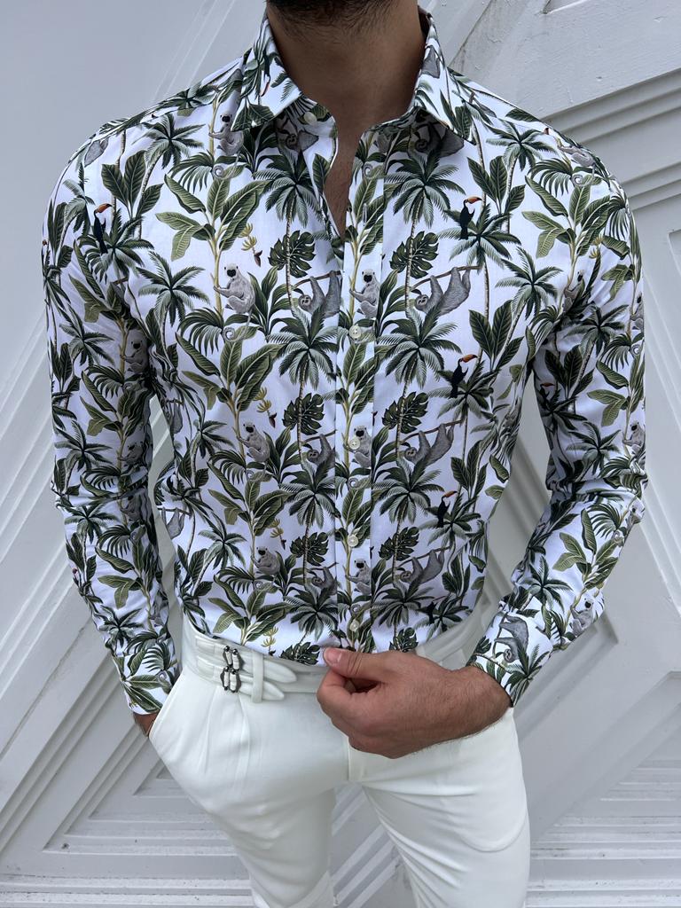 Brabion Lyon White Green Slim Fit Long Sleeve Tropical Cotton Shirt