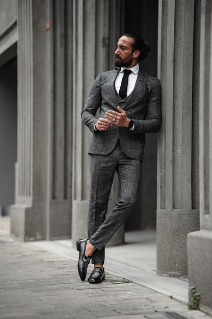 Evo Dark Gray Slim Fit Crosshatch Suit