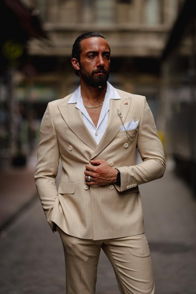 Double breasted hot sale beige suit