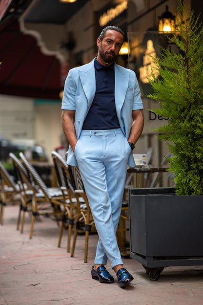 Evo Sky Blue Slim Fit Double Breasted Short Sleeve Suit