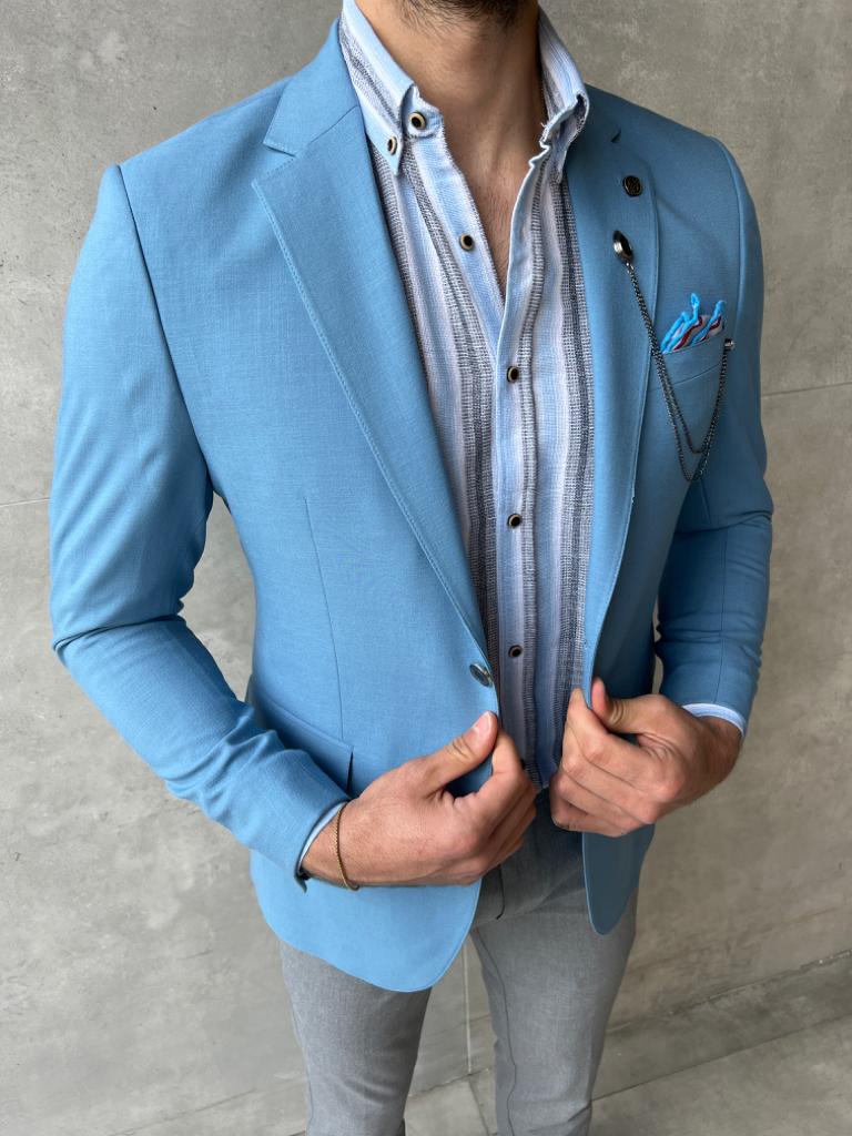 Lyon Sky Blue Slim Fit Notch Lapel Linen Blazer