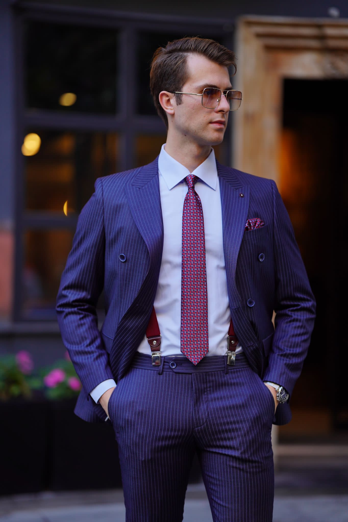 Vespo Pinstripe Navy Blue Double Breasted Suit