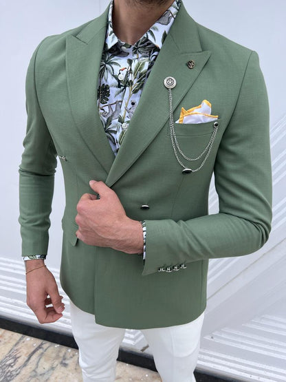 Lyon Green Slim Fit Double Breasted Linen Blazer