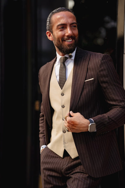 Vespo Beige & Brown Combination Suit