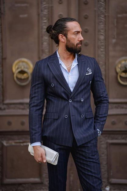 Evo Dark Blue Slim Fit Double Breasted Pinstripe Suit