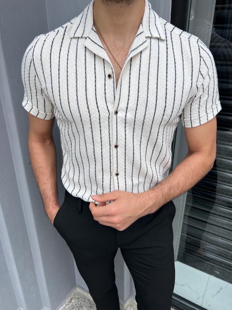 Brabion Lyon  White Slim Fit Short Sleeve Striped Cotton Shirt