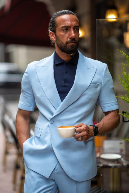 Evo Sky Blue Slim Fit Double Breasted Short Sleeve Suit