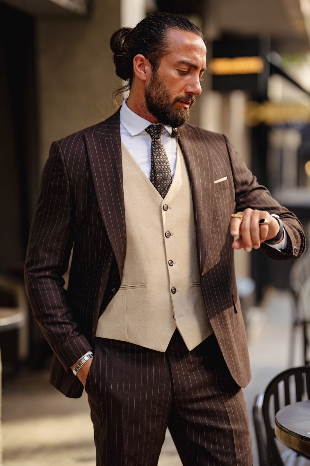 Vespo Beige & Brown Combination Suit