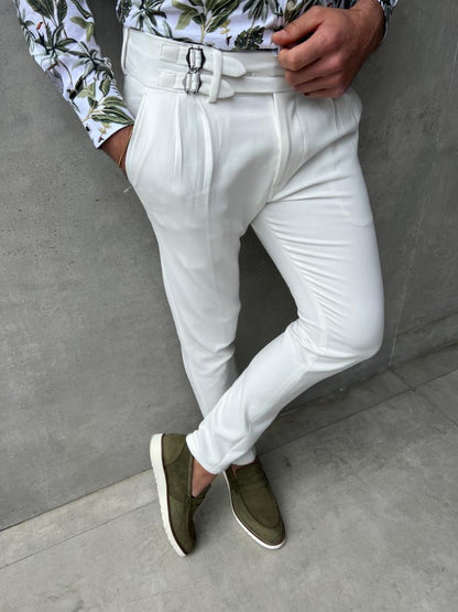 Lyon White Slim Fit Buckle Pants