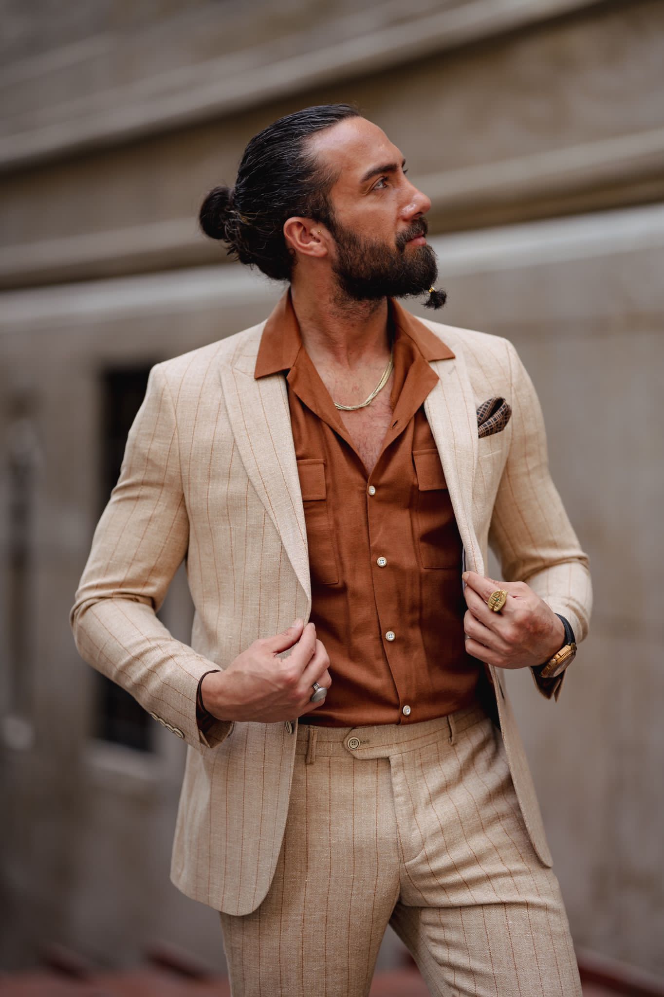 Evo Beige Slim Fit Pinstripe Suit – BRABION