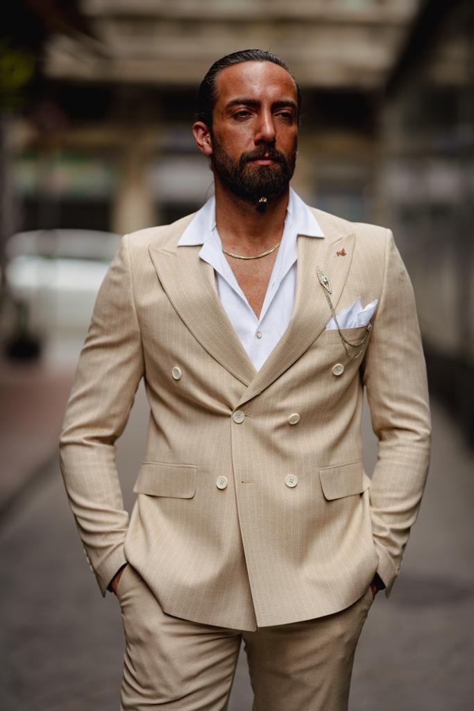 Evo Beige Slim Fit Double Breasted Pinstripe Suit – BRABION