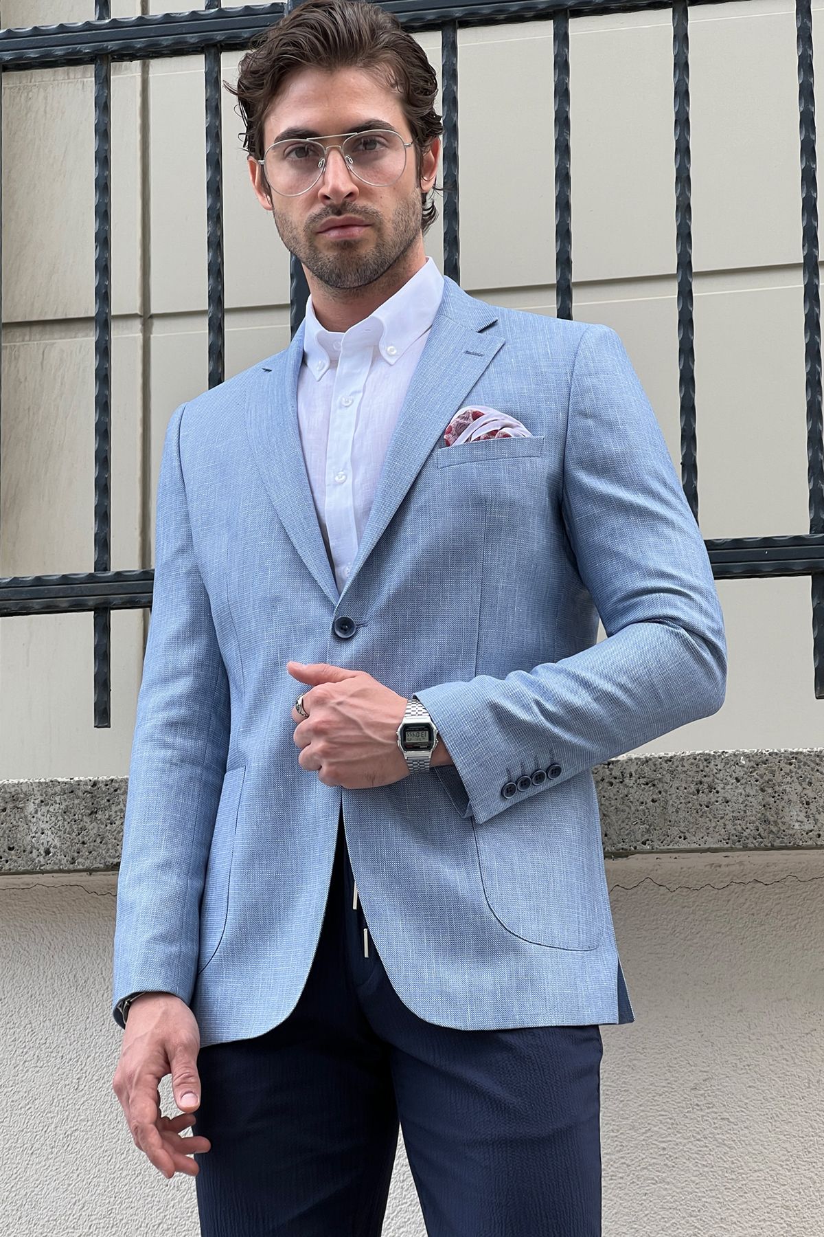 Blue linen hot sale blazer mens