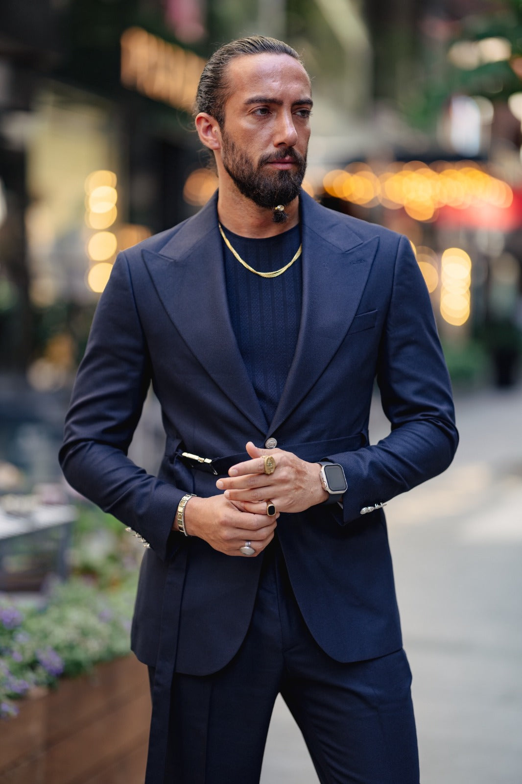 Black turtleneck blue clearance suit