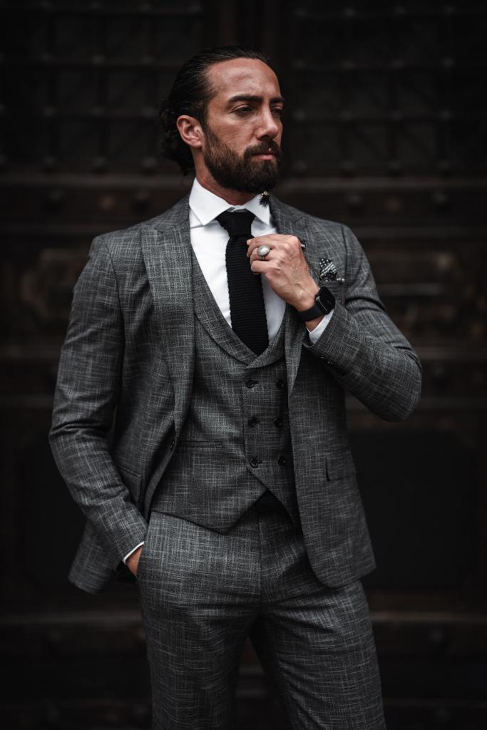 Evo Dark Gray Slim Fit Crosshatch Suit