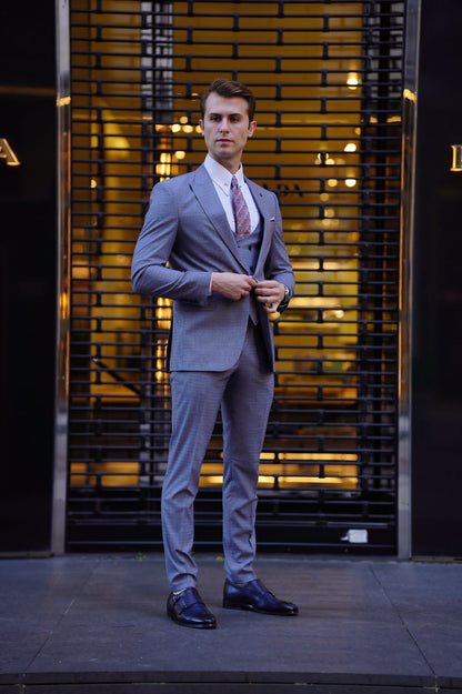 Vespo Patterned Slim-fit Gray Wool Suit
