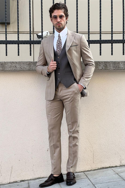 Daniel Patterned Beige Wool Suit