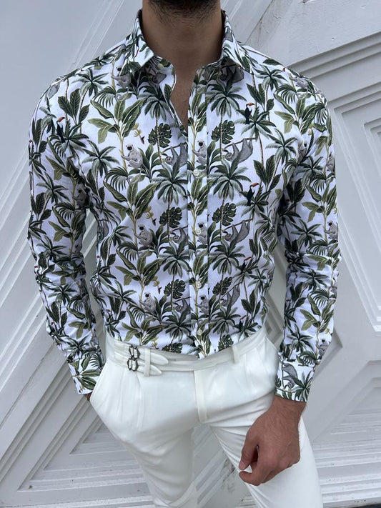 Brabion Lyon White Green Slim Fit Long Sleeve Tropical Cotton Shirt