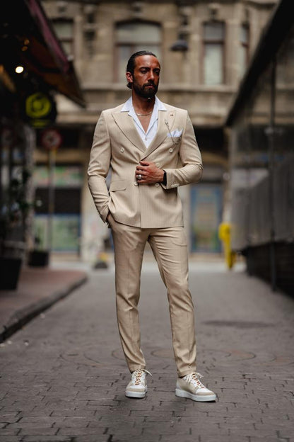 Evo Beige Slim Fit Double Breasted Pinstripe Suit