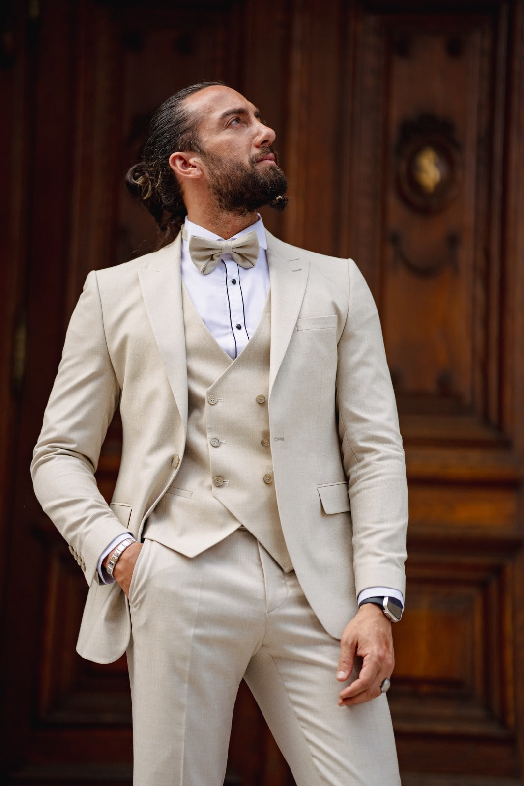 Daniel Beige Slim Fit Peak Lapel Tuxedo