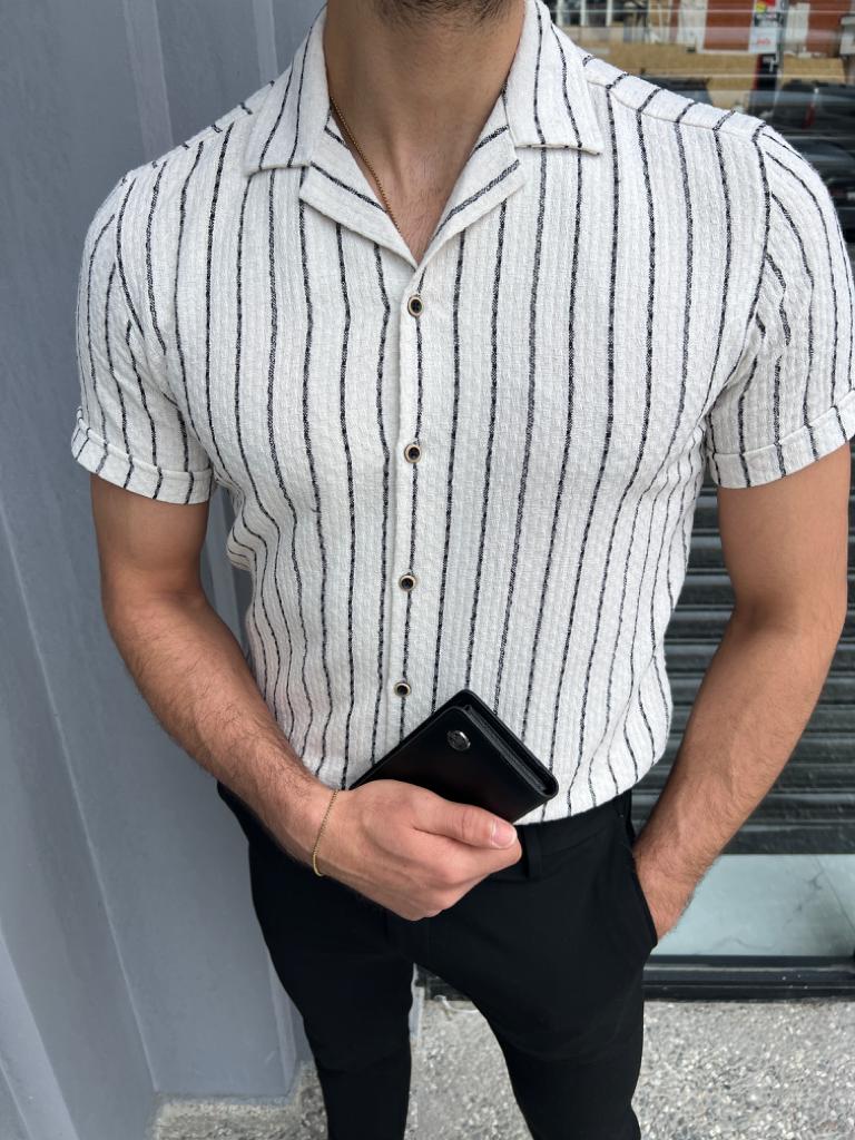 Brabion Lyon  White Slim Fit Short Sleeve Striped Cotton Shirt