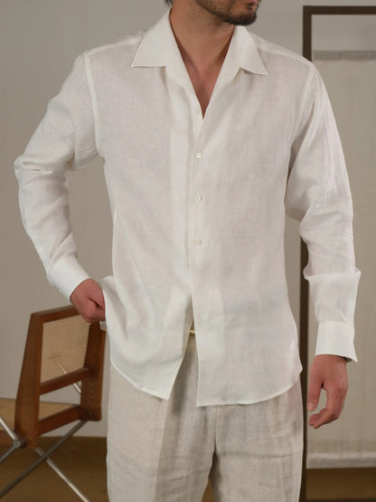 Men's Cuban Collar Long Sleeve Linen Shirt