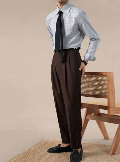 Mens Italian-Style Pointed Collar Plaid Casual Shirt