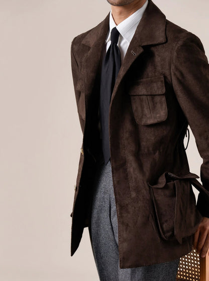 Men’s Suede Hunting Jacket — Slim Fit Belted Suit Collar Coat