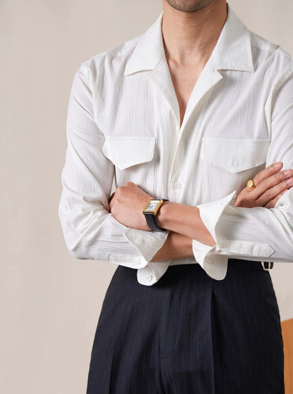 Mens Long Sleeve Textured Cuban Collar Shirt