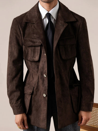 Men’s Suede Hunting Jacket — Slim Fit Belted Suit Collar Coat